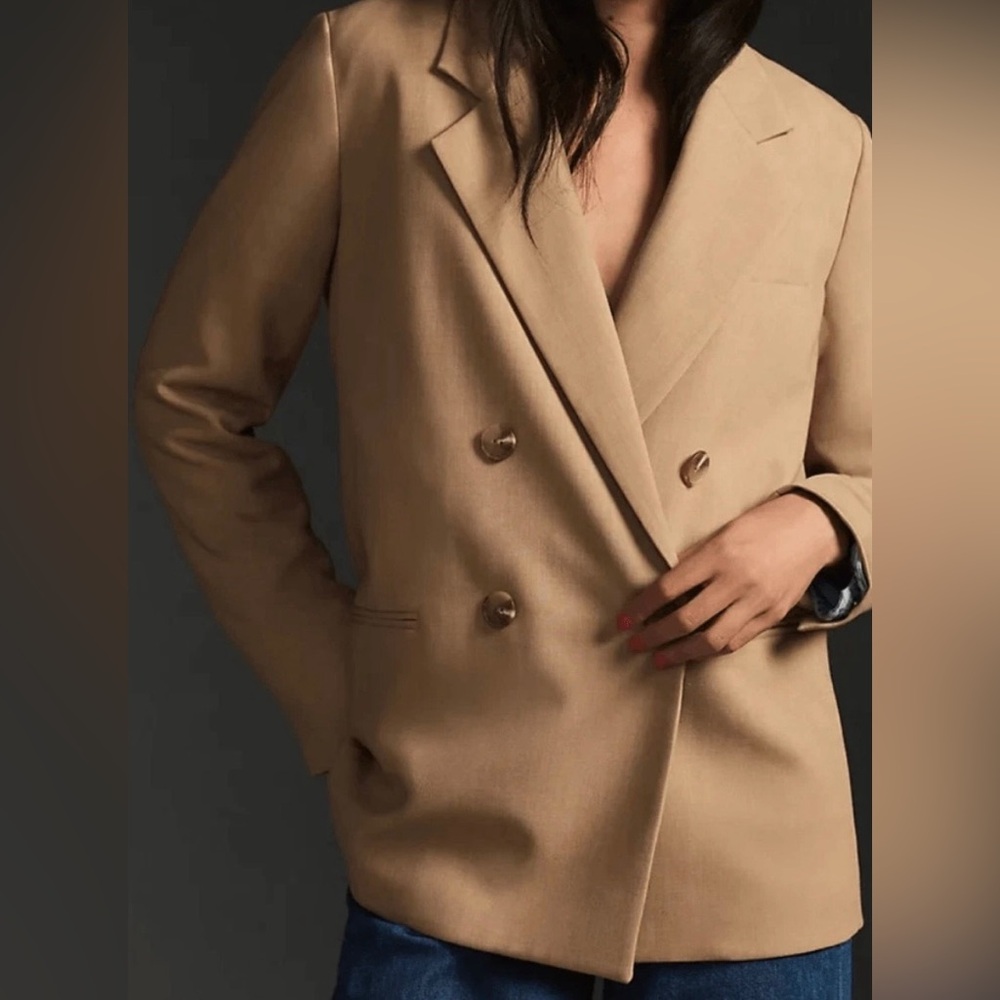 Anthropologie Maeve Double Breasted Boyfriend Shoulder Pads Camel Blazer Size 4 - Picture 2 of 12
